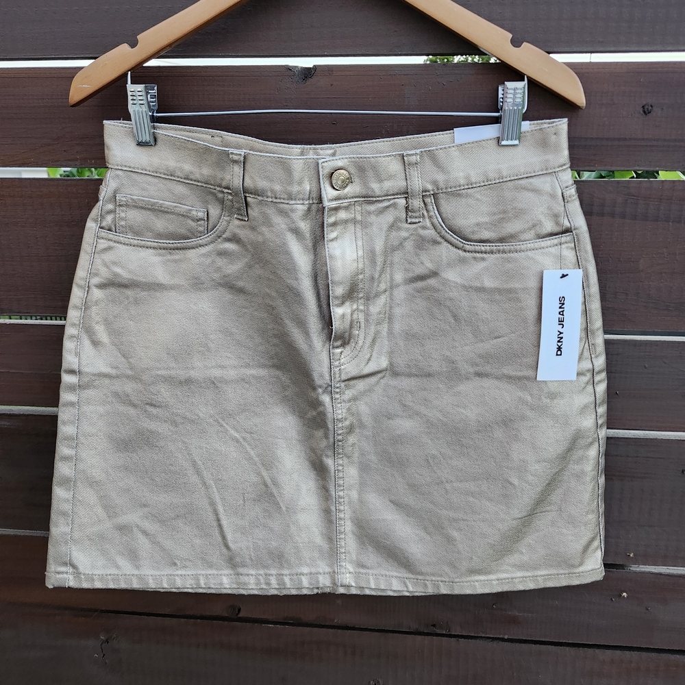 DKNY Jeans High Rise Metallic Gold Mini Skirt Sz 30 Y2K Glam Maximalism Festival
